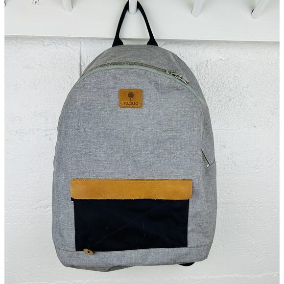 Faguo Gray Backpack Canvas Leather Trim Navy Pocket Sustainable Casual Bag - Picture 1 of 11